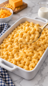 A spoonful of elbow macaroni coated in creamy three-cheese sauce.