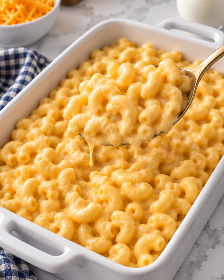 A spoonful of elbow macaroni coated in creamy three-cheese sauce.