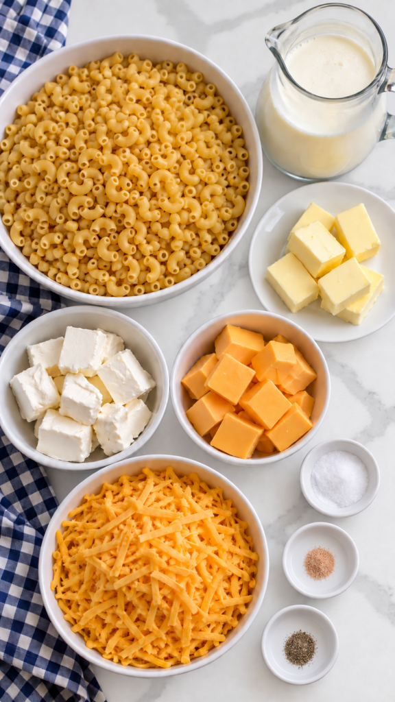 Elbow macaroni, butter, half-and-half, three cheeses, salt and pepper ready for the recipe.