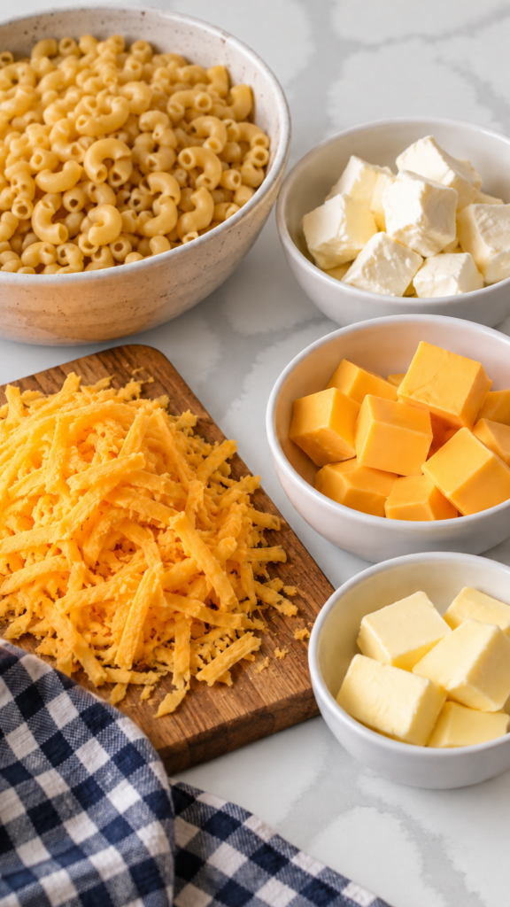 Cubed cream cheese and American cheese with freshly shredded cheddar ready to melt.