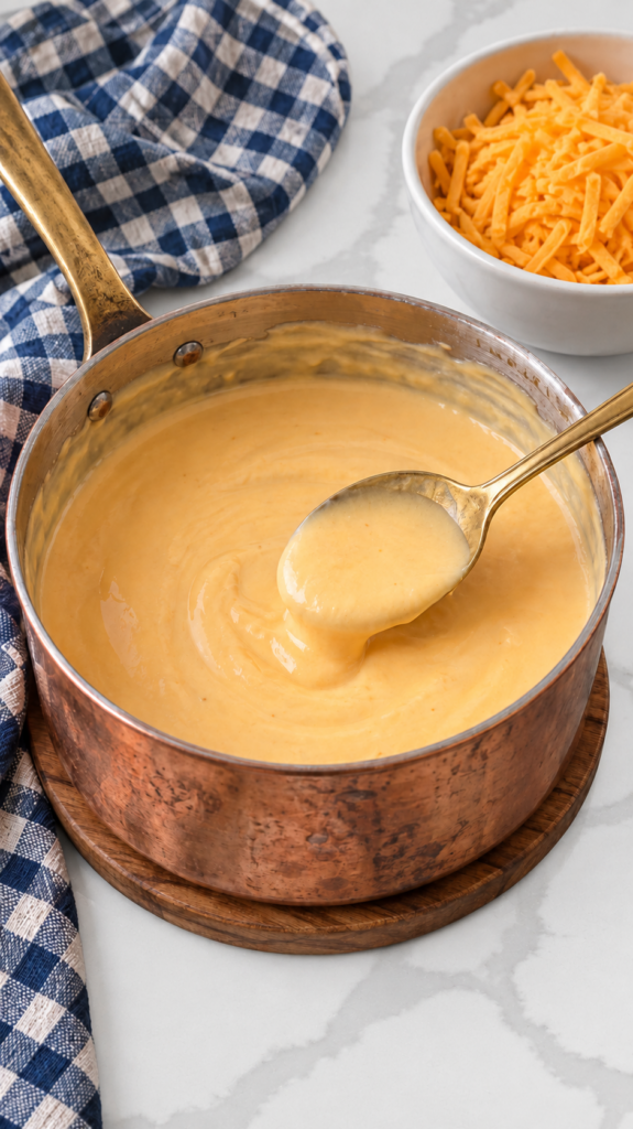 Smooth cream cheese and American cheese sauce in a saucepan.
