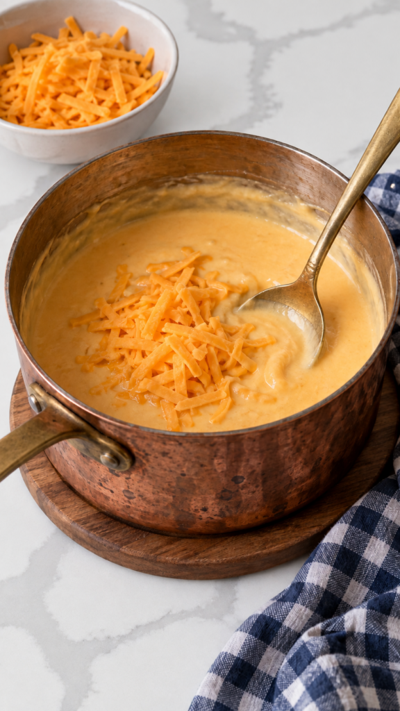 Freshly shredded cheddar being stirred into the warm sauce off the heat.