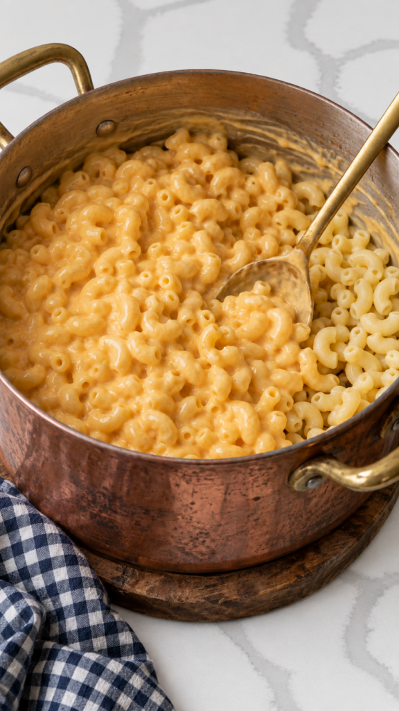 Cheese sauce being folded into drained elbow macaroni.