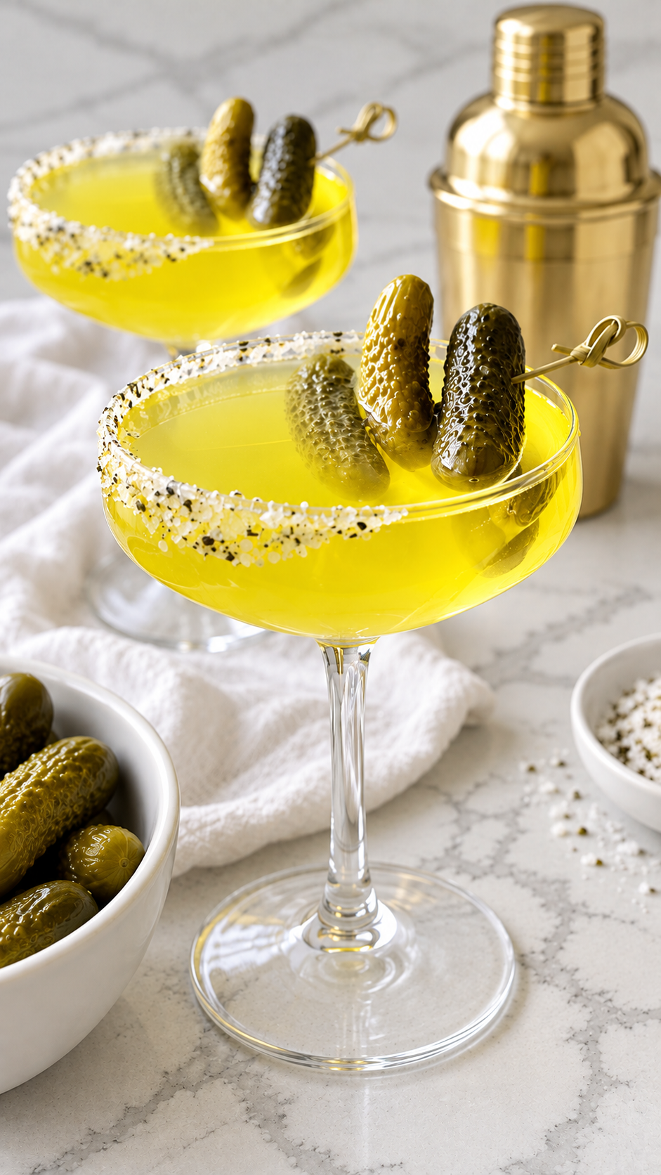 Close view of a pickletini with a Krazy Salt rim and baby dill pickle garnish.