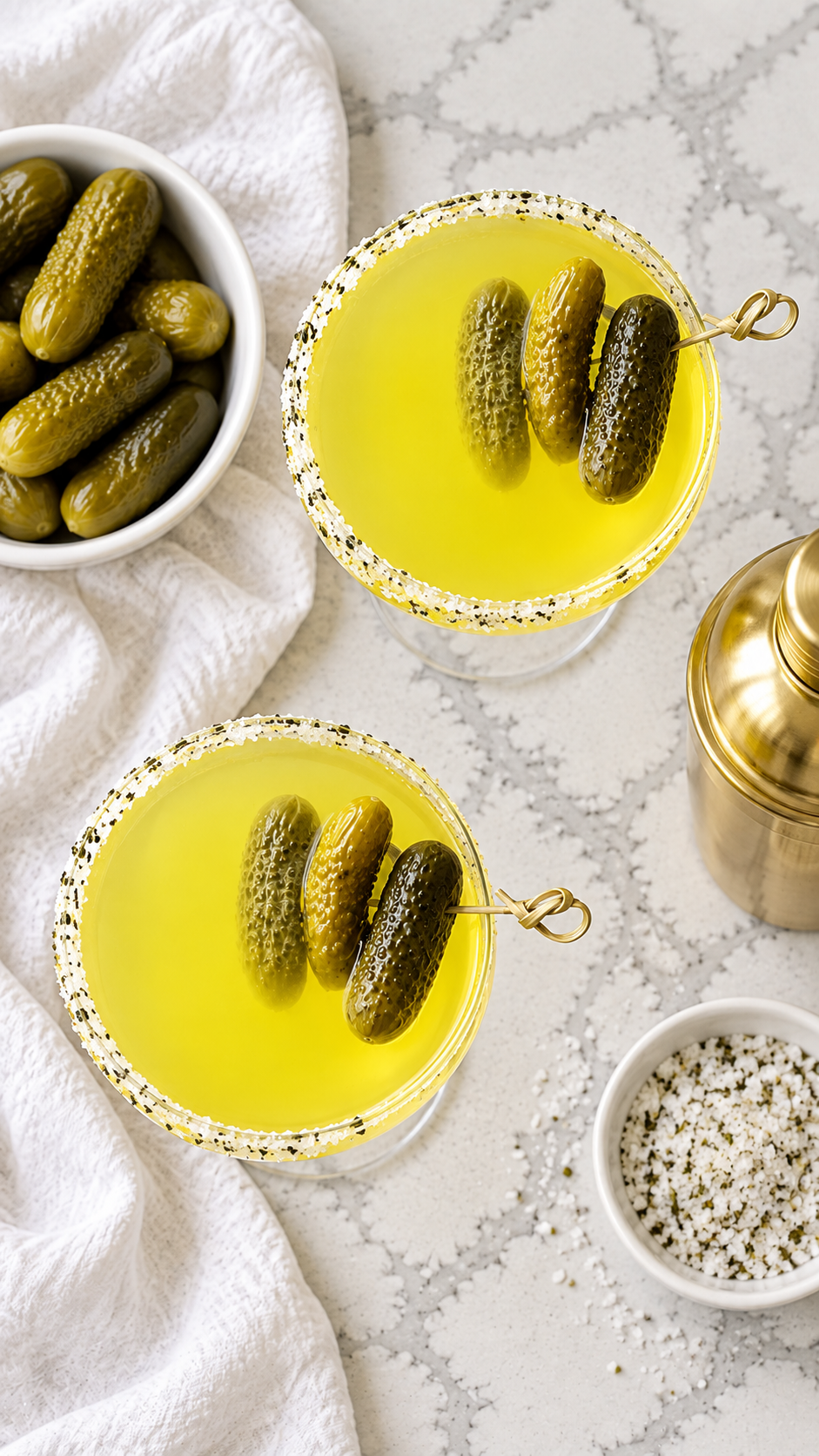 Overhead view of two dill pickle martinis with pickle garnishes.