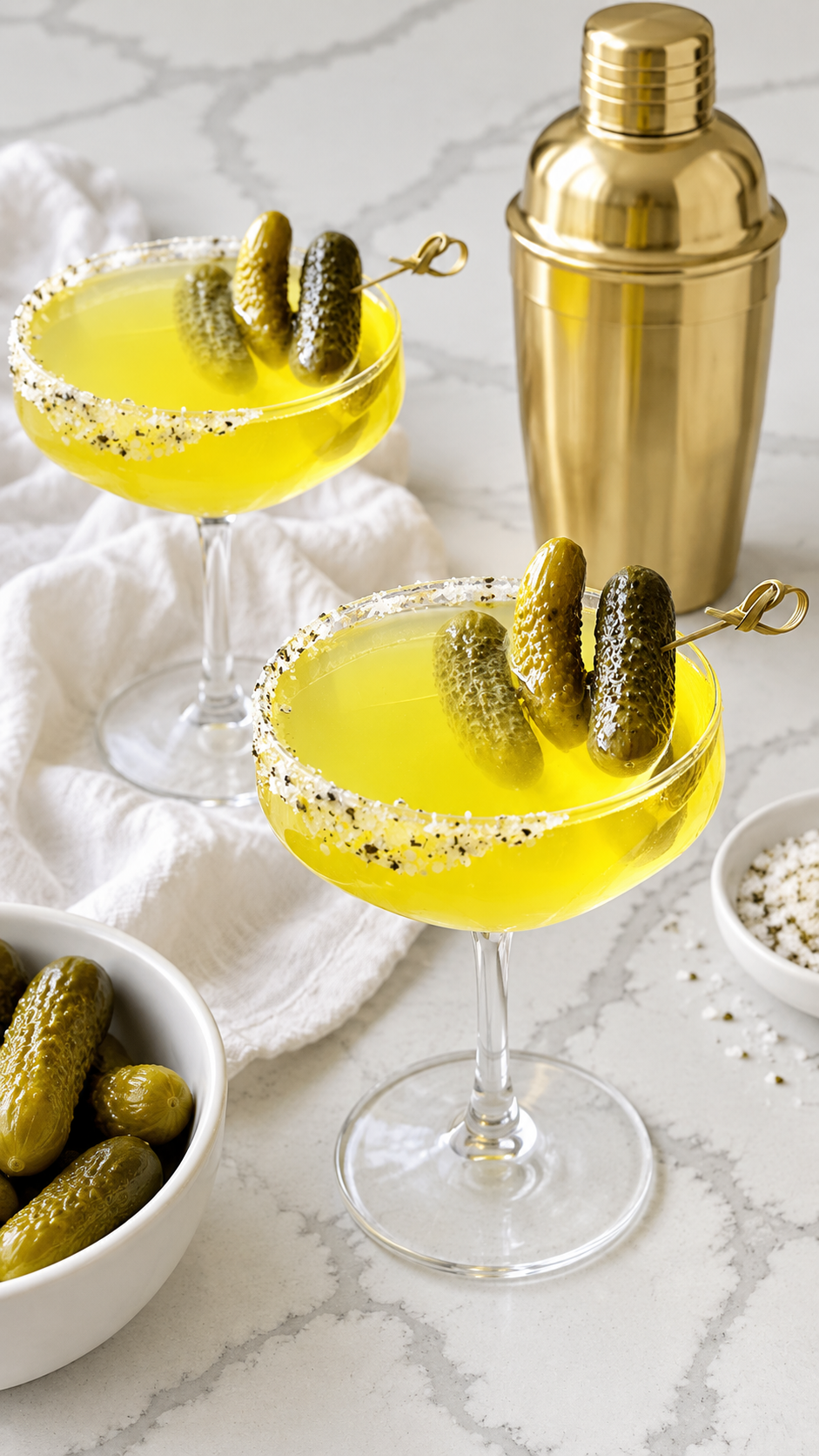 Two dirty dill pickletinis with seasoned salt rims and three baby dill pickles on each glass.