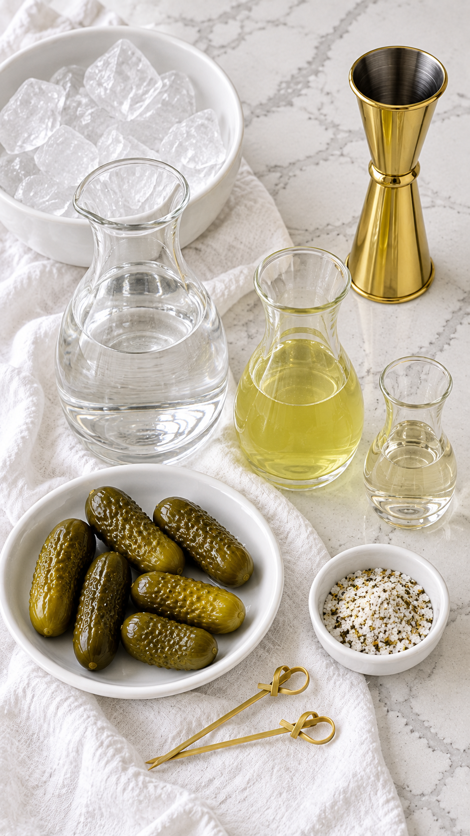 Vodka, dry vermouth, dill pickle juice, ice, six baby dill pickles and seasoned rim salt.