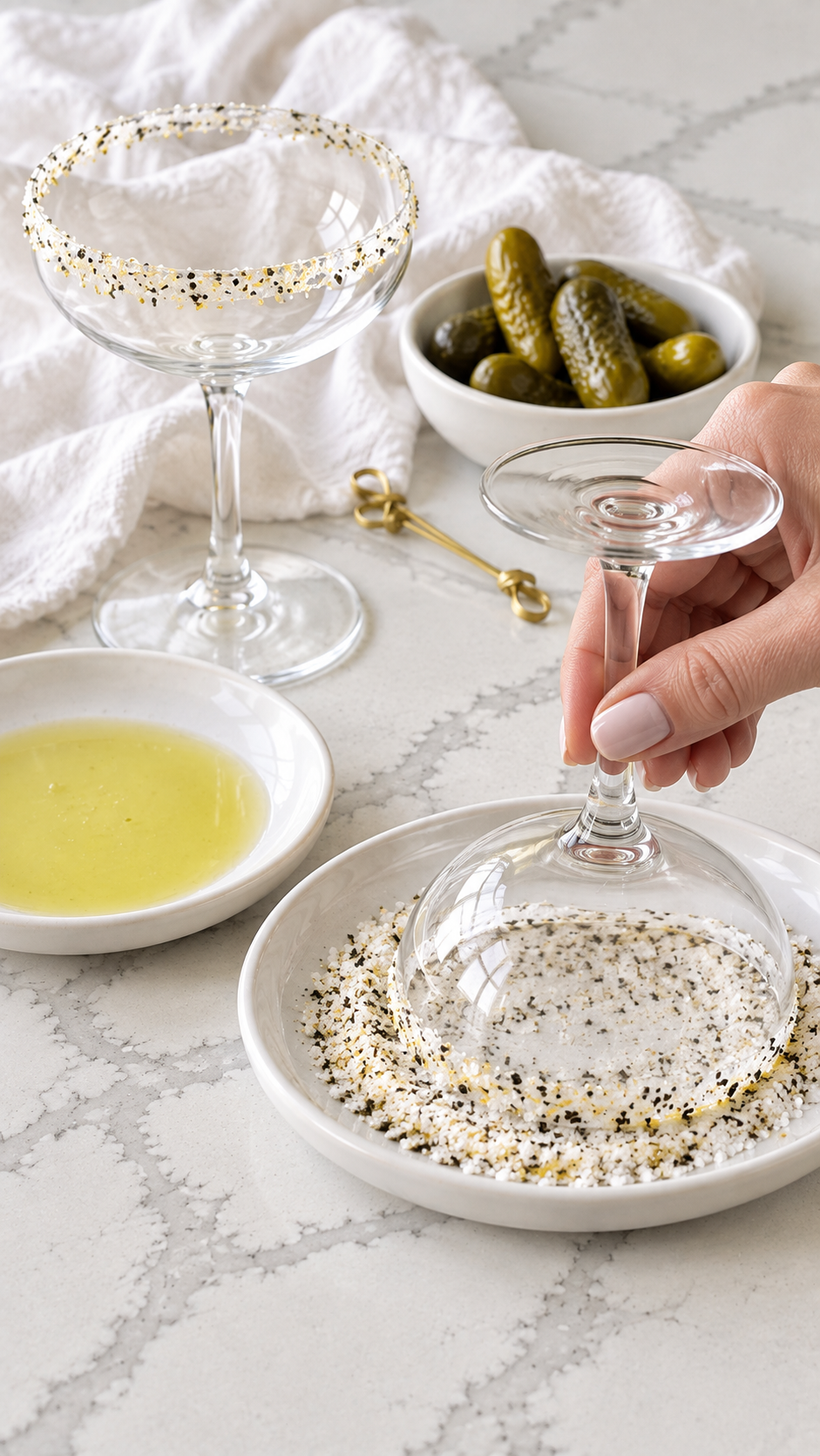 An empty coupe glass dipped into seasoned salt after moistening the rim with pickle juice.