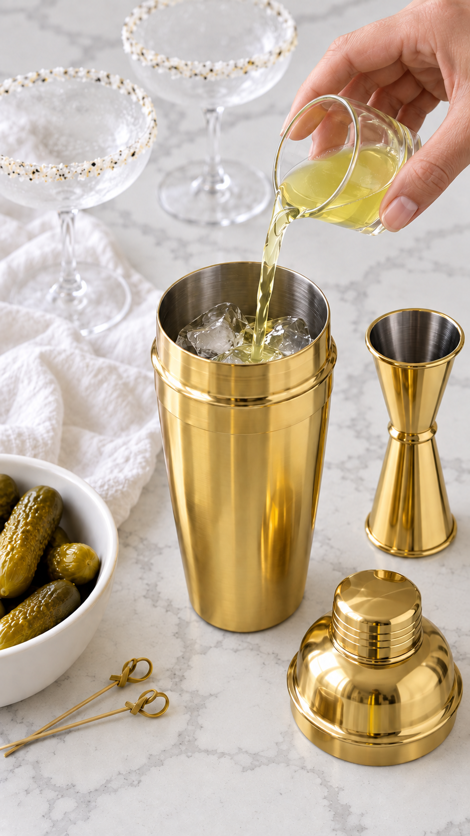 Dill pickle juice poured over ice into a gold cocktail shaker.