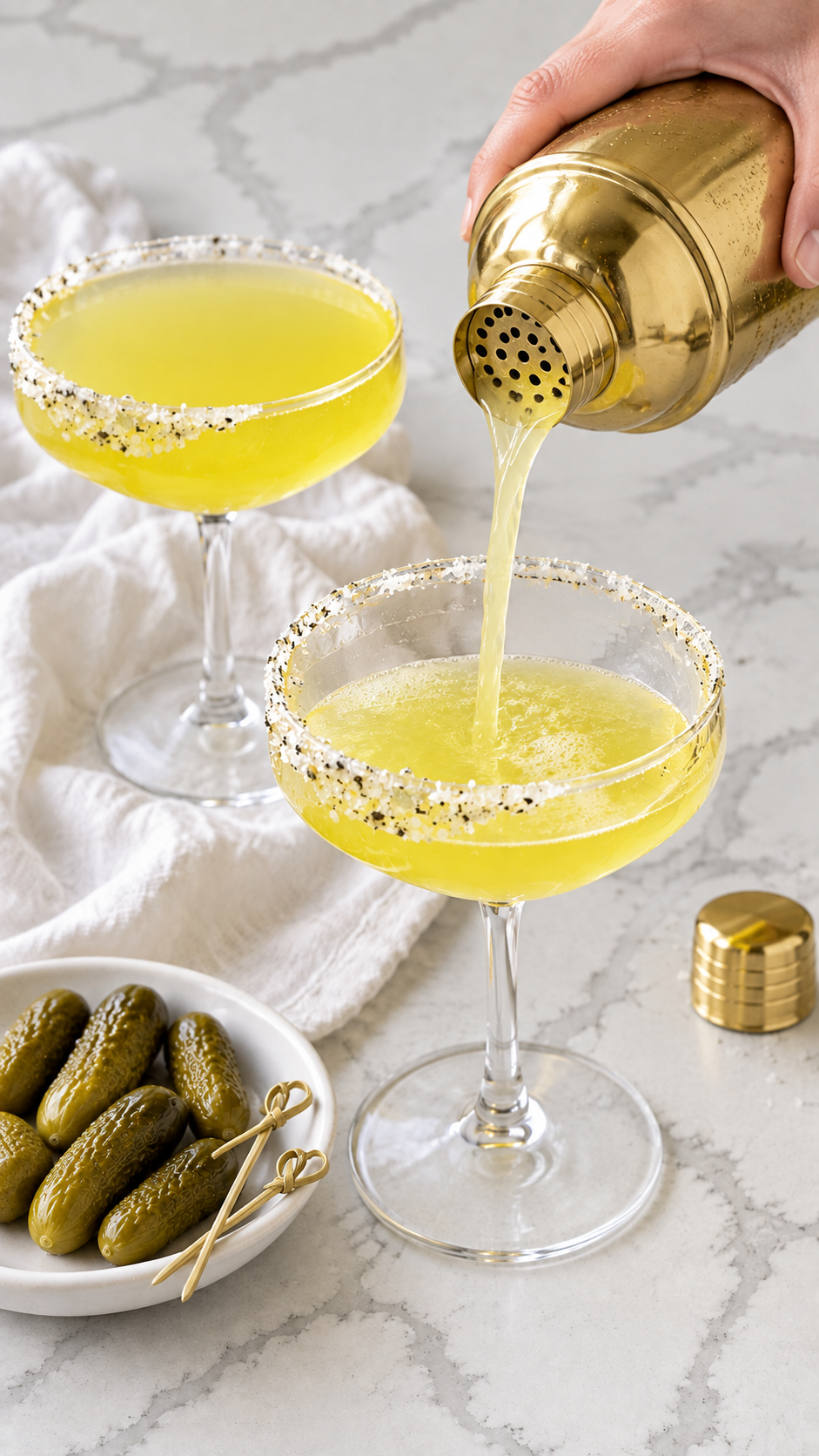 Cold pickletini strained from a cocktail shaker into a chilled salt-rimmed coupe.