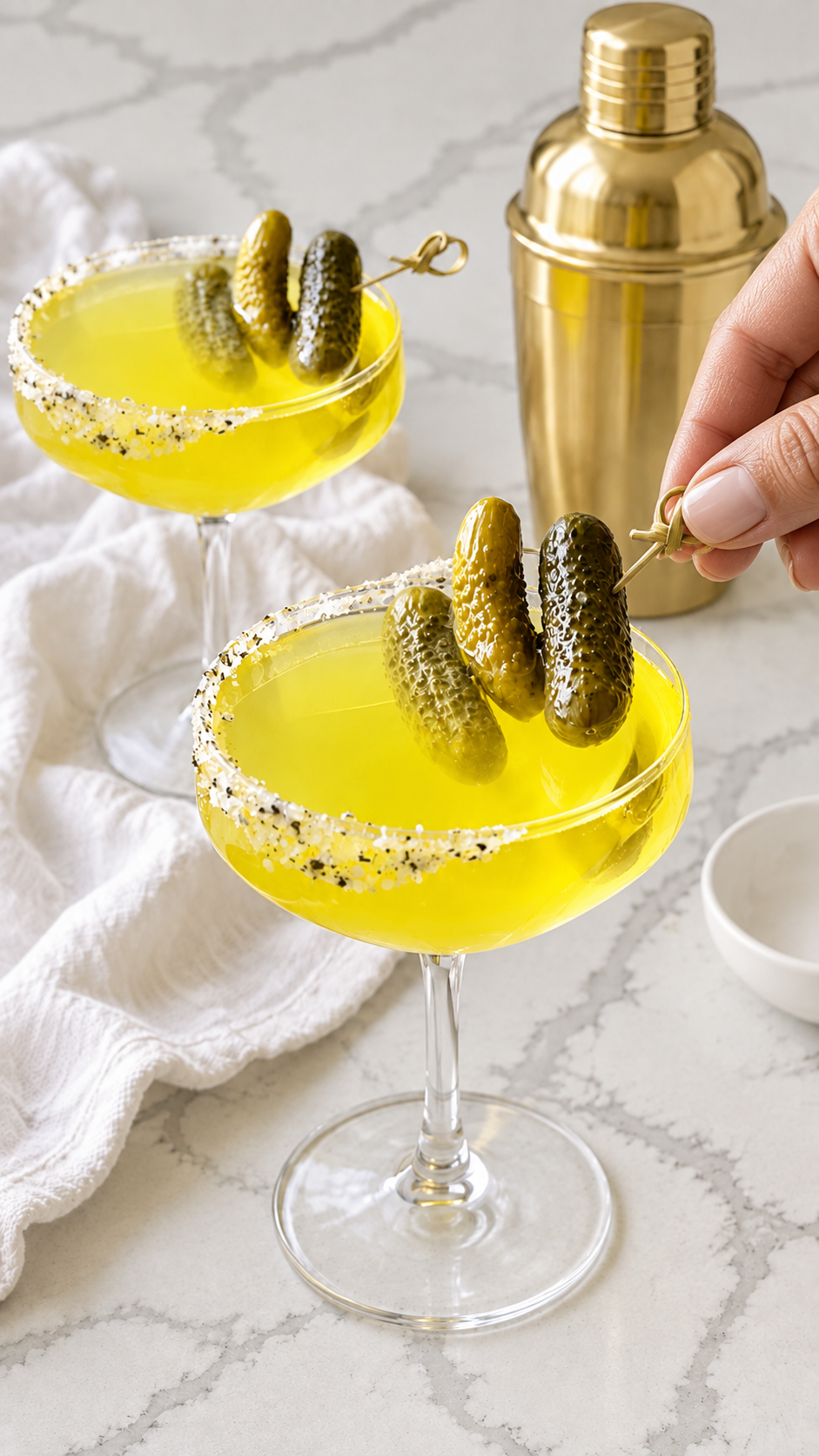 Three baby dill pickles on a cocktail pick placed onto a finished pickletini.