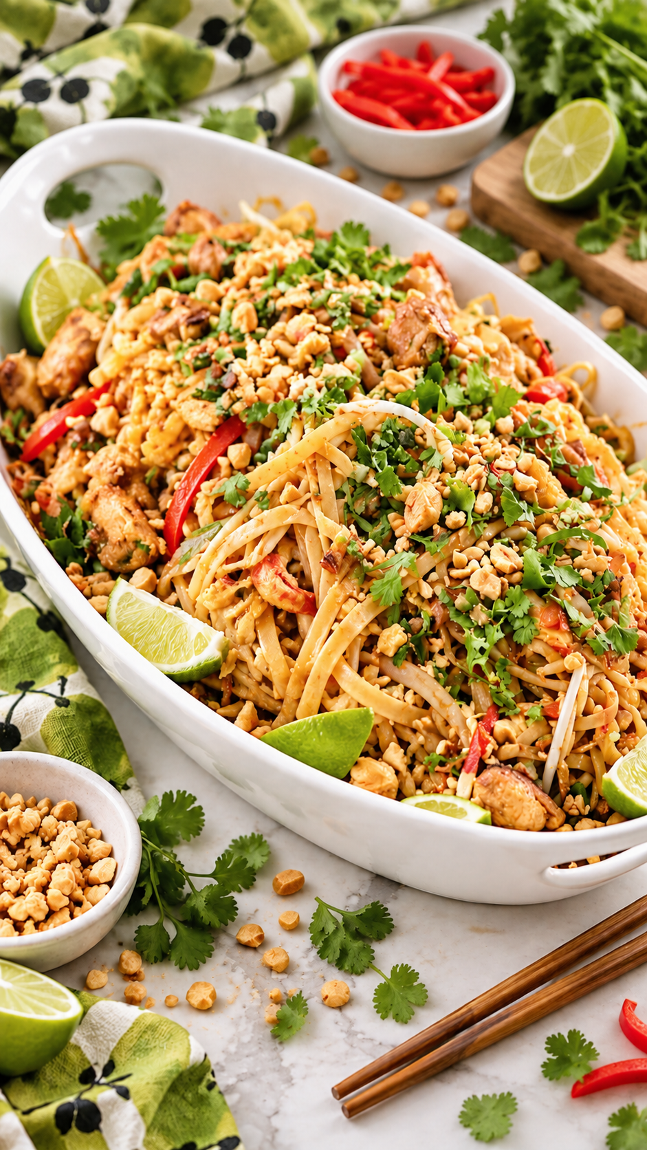 Finished chicken Pad Thai topped with chopped peanuts, cilantro, green onions, and lime.