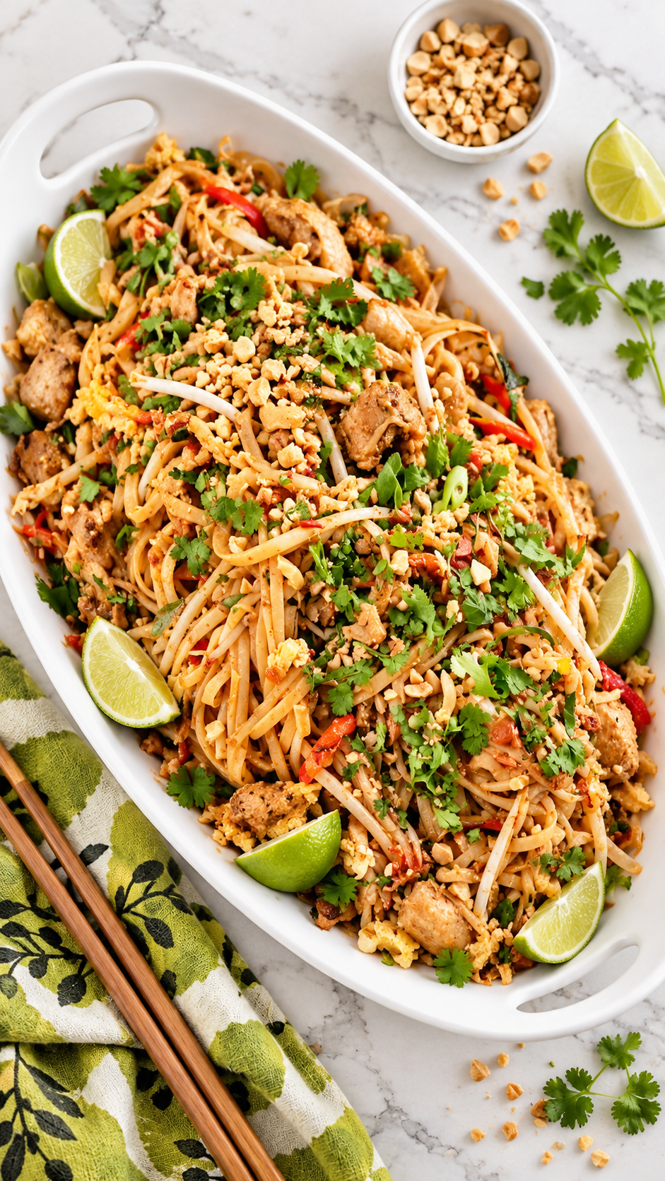 Overhead view of chicken Pad Thai with flat rice noodles, bell pepper, peanuts, and lime wedges.