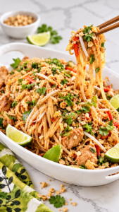 Wooden chopsticks lifting chicken Pad Thai noodles with chicken, red pepper, and peanuts.