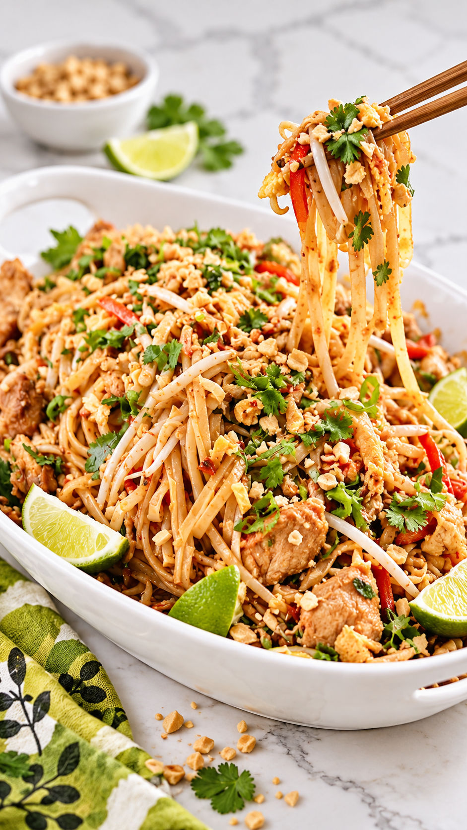 Wooden chopsticks lifting chicken Pad Thai noodles with chicken, red pepper, and peanuts.