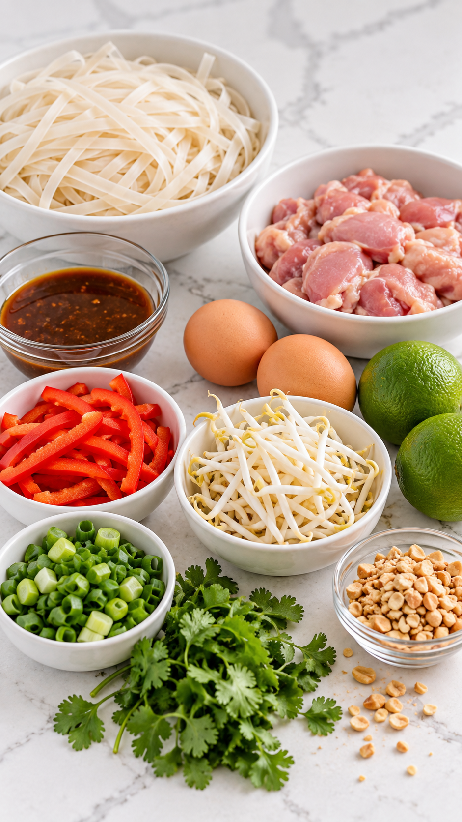 Selected chicken Pad Thai ingredients with rice noodles, chicken, eggs, vegetables, and prepared sauce.