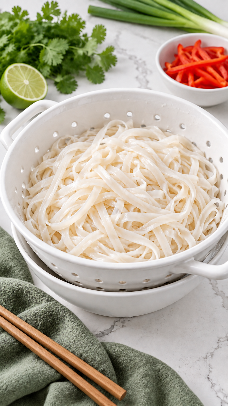 Cooked flat rice noodles draining in a colander before stir-frying.