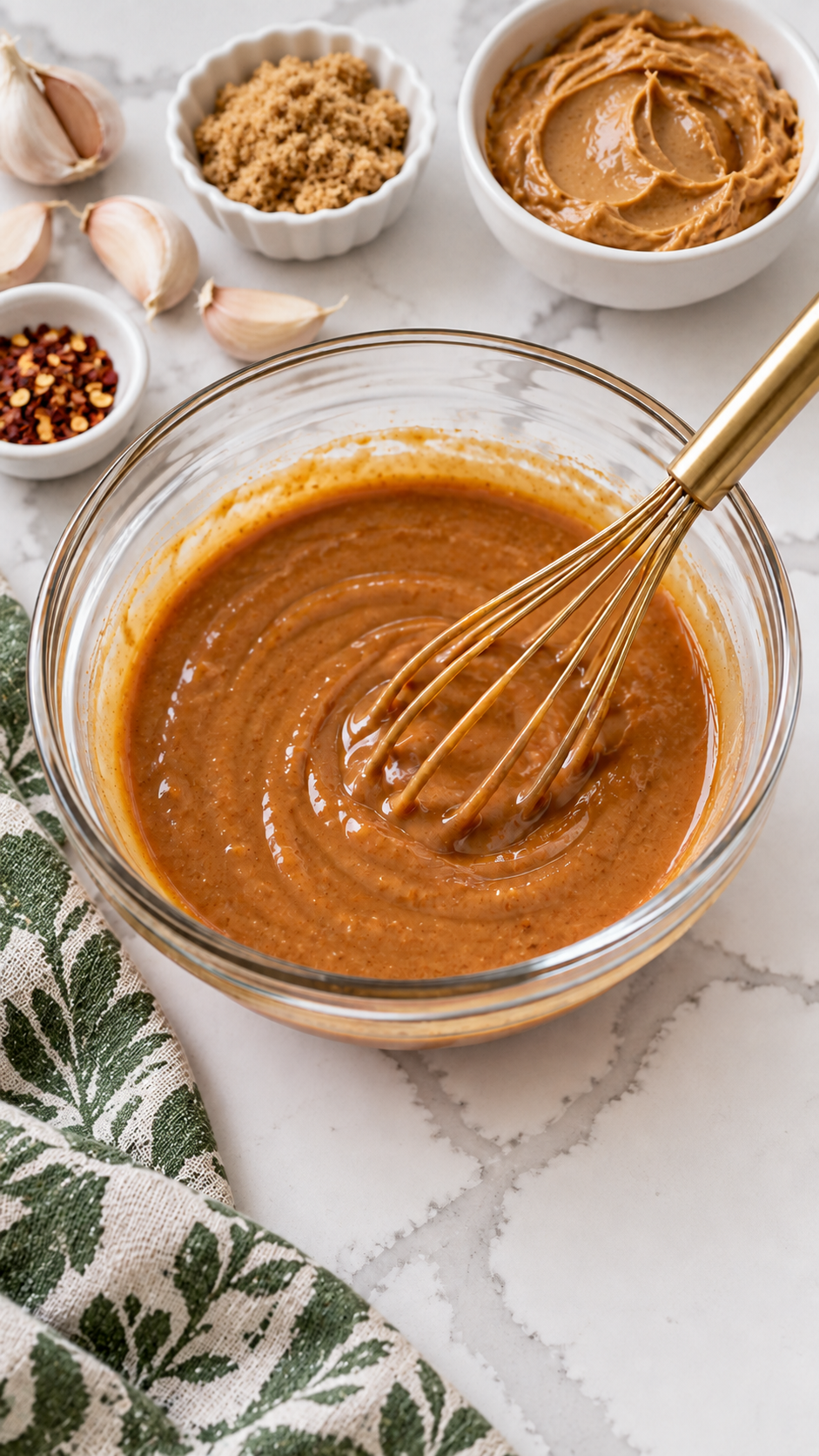 Peanut butter Pad Thai sauce mixed in a glass bowl with a whisk.