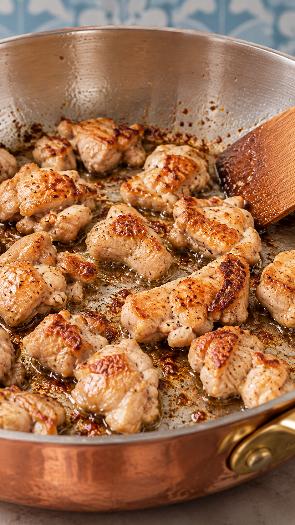 Bite-size chicken pieces searing in a skillet.