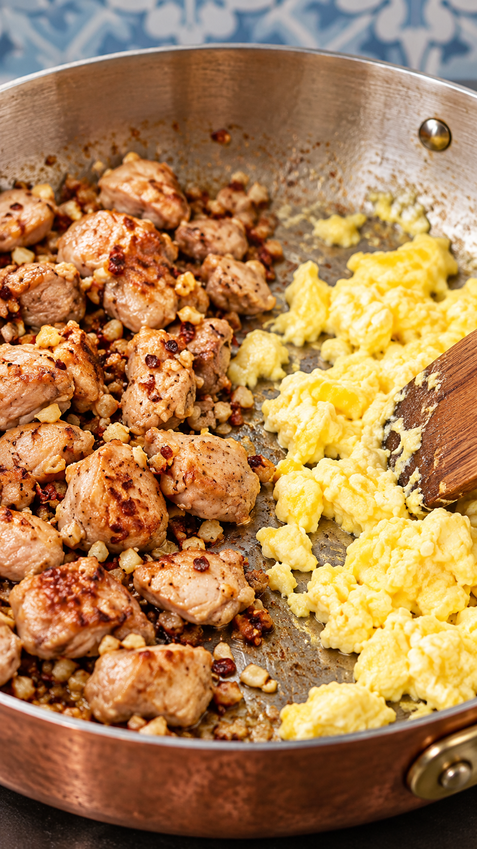 Scrambled eggs beside chicken with garlic and red pepper flakes in a skillet.