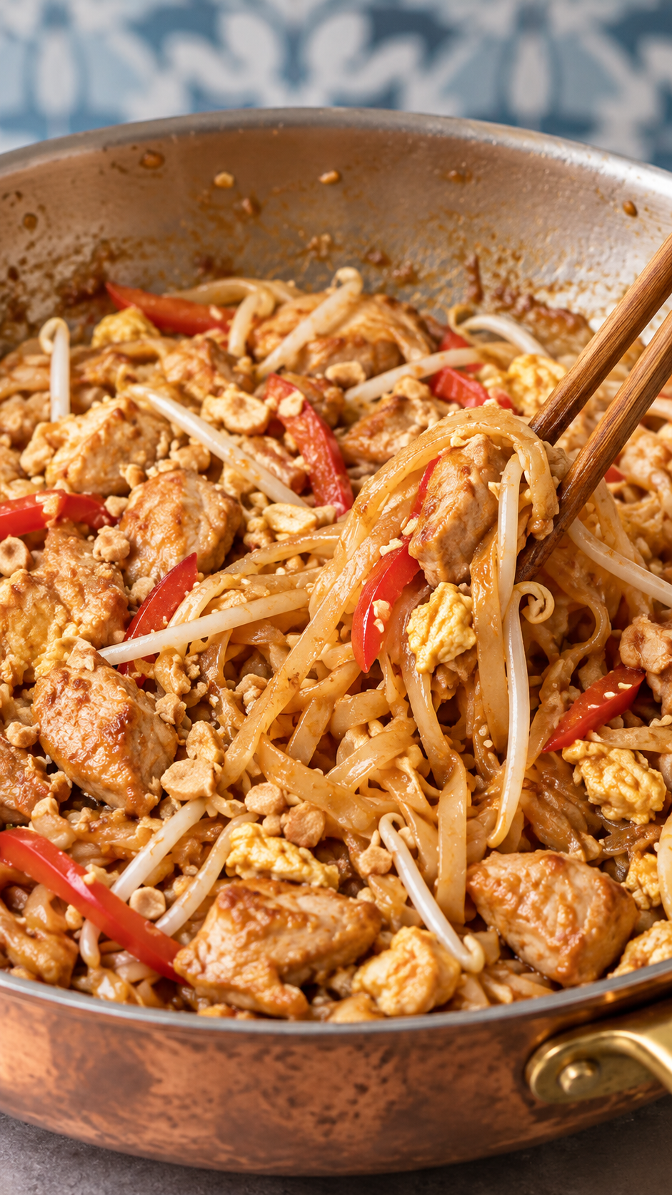 Rice noodles tossed with chicken, eggs, sauce, bean sprouts, red bell pepper, and peanuts.