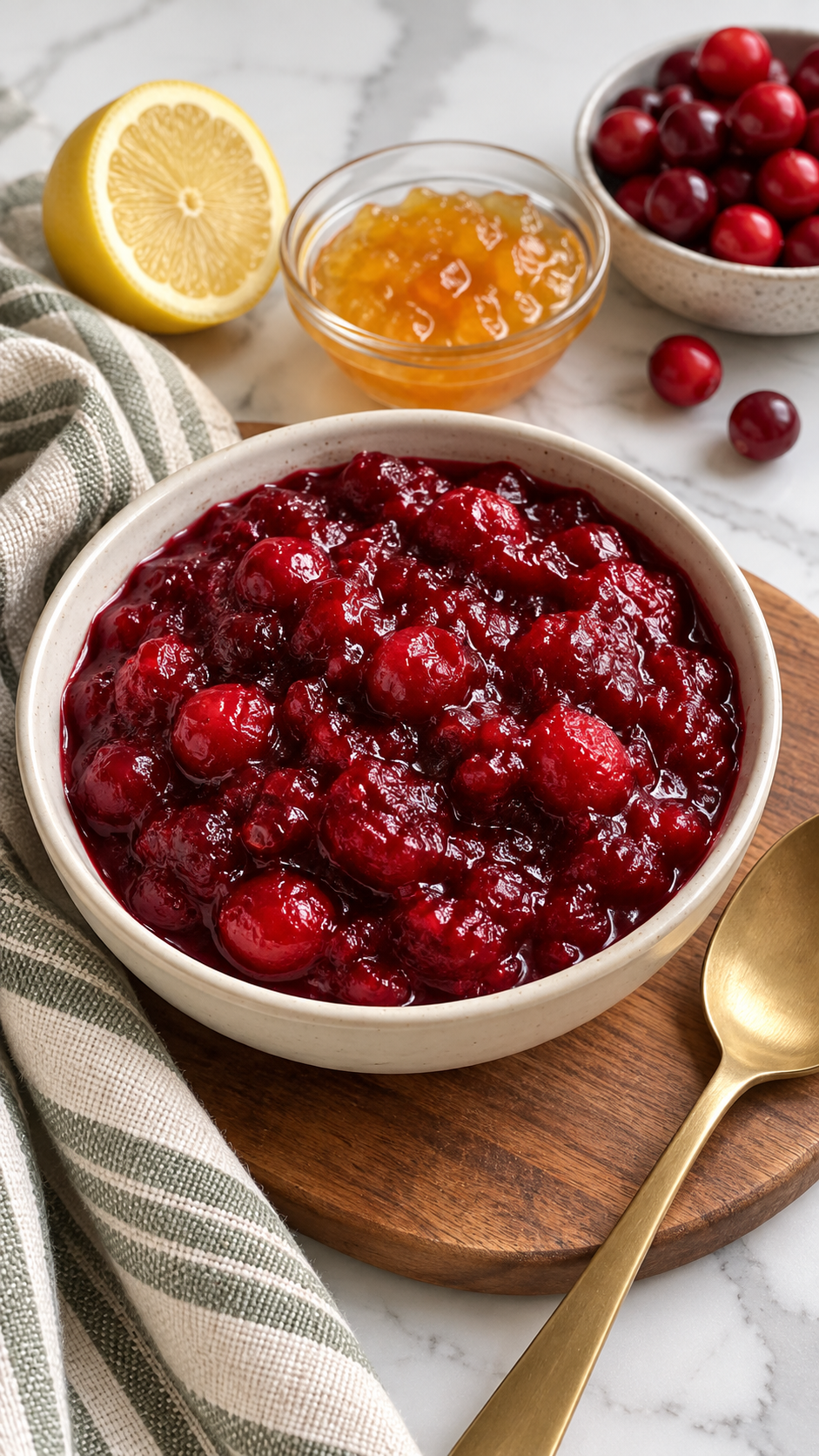 Chilled homemade cranberry sauce served in an ivory bowl on a wooden board