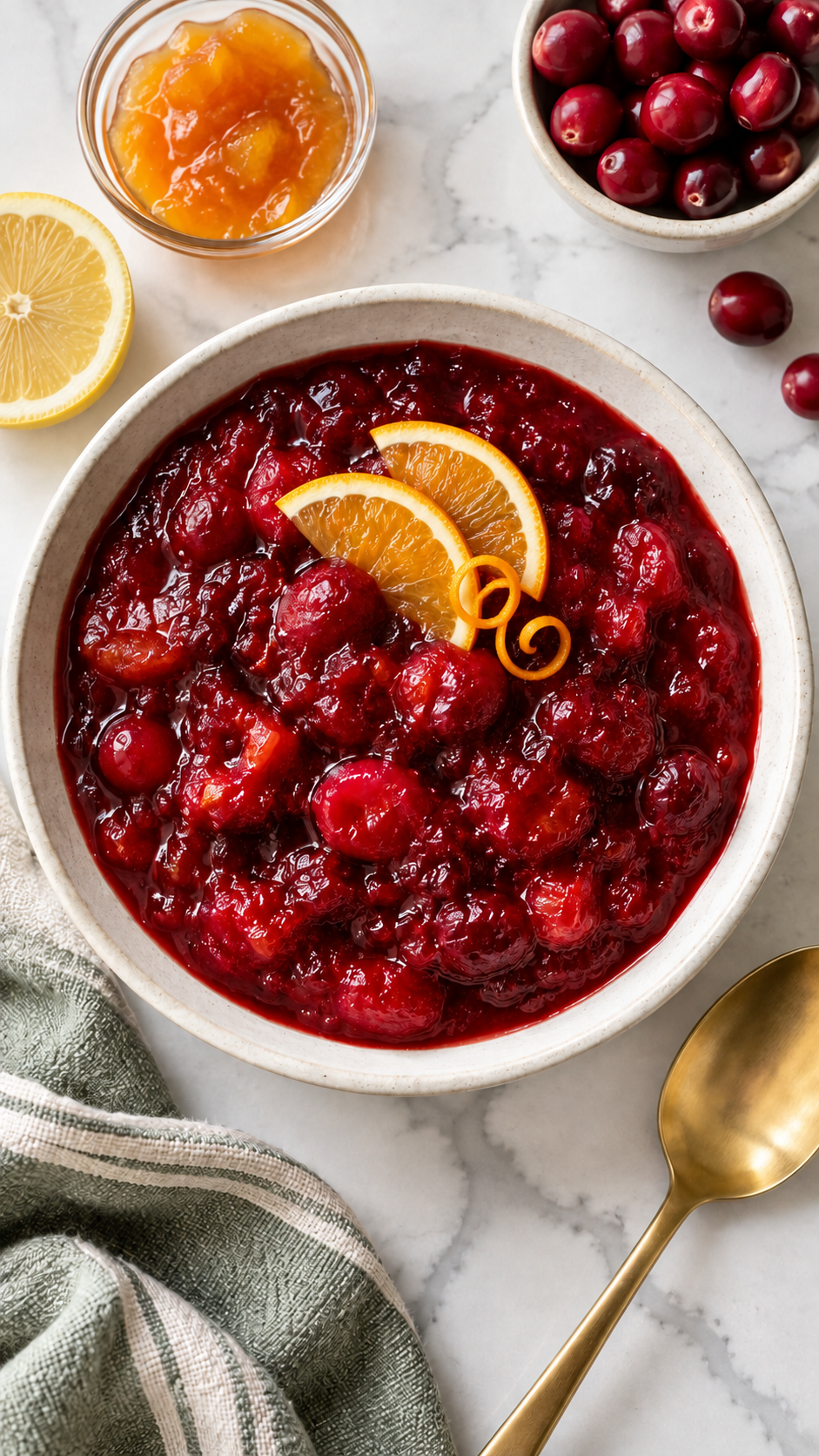 Overhead view of chunky cranberry sauce garnished with orange slices and zest curls