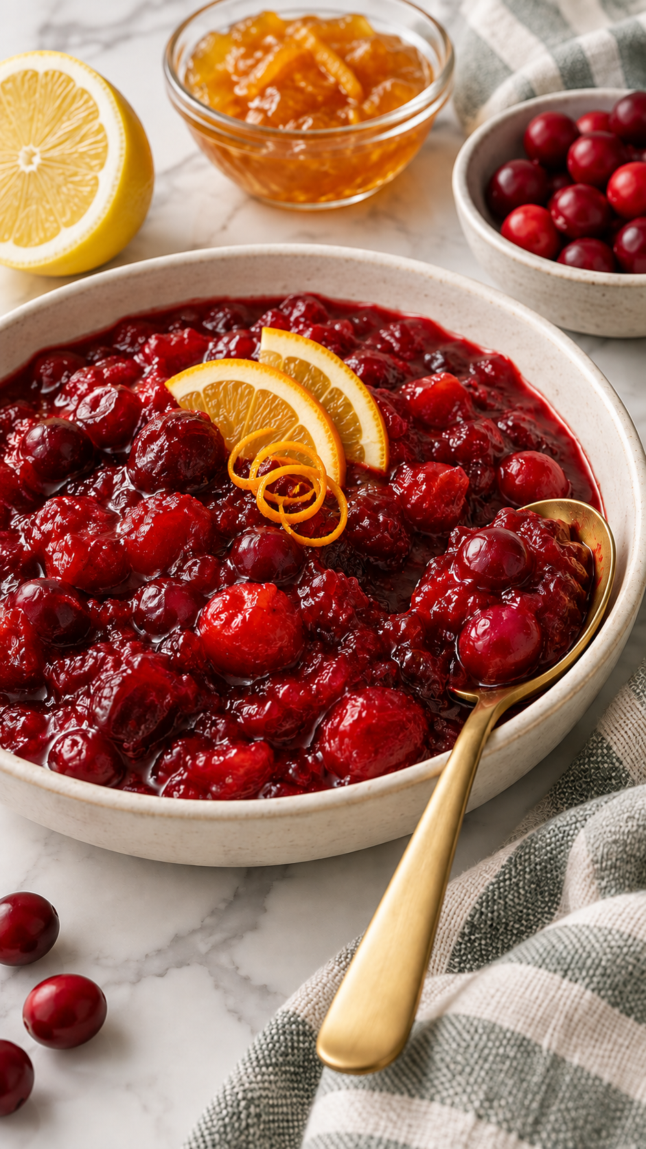 Close-up of whole-berry cranberry sauce with orange garnish and a gold serving spoon