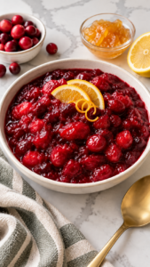 Baked cranberry sauce topped with thin orange slices and curled orange zest in an ivory bowl