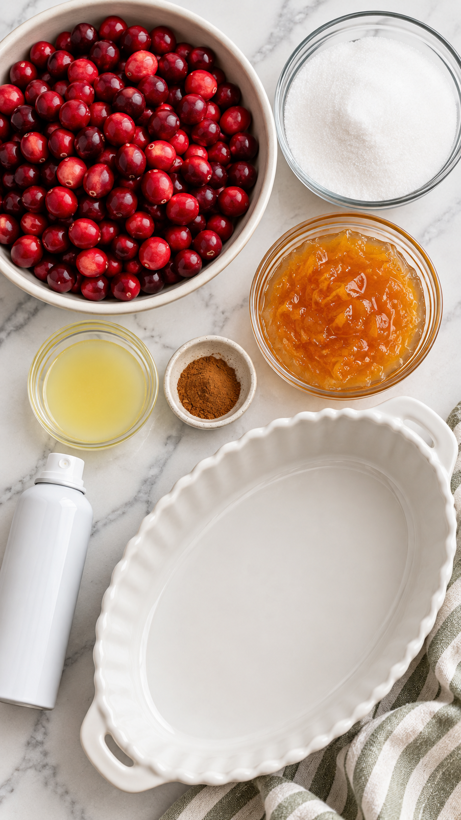 Cranberries, sugar, cinnamon, orange marmalade, lemon juice, and cooking spray for cranberry sauce
