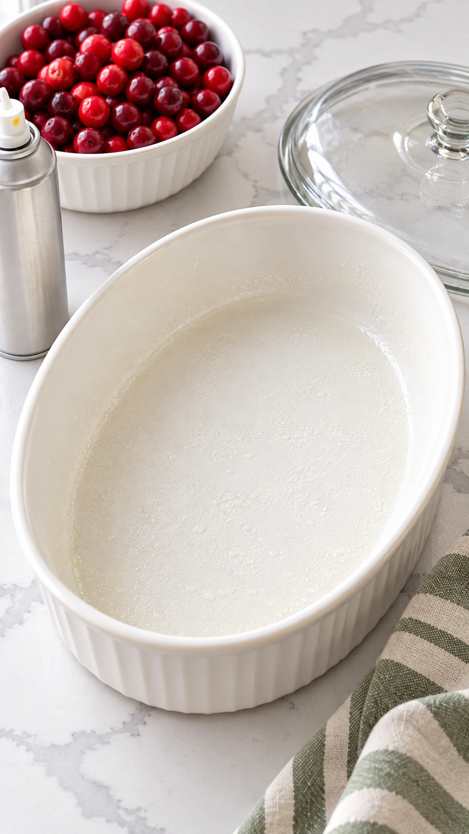 Lightly greased oval baking dish ready for cranberry sauce ingredients