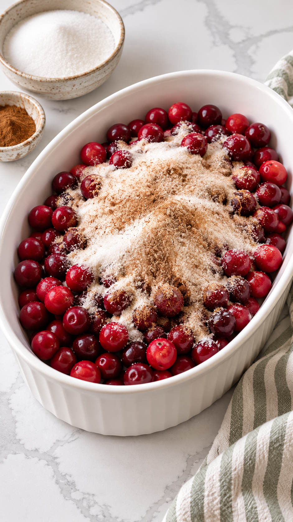 Fresh cranberries topped with granulated sugar and cinnamon in a baking dish