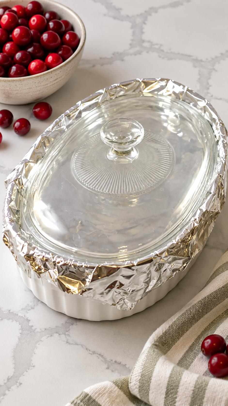 Oval cranberry baking dish tightly covered with aluminum foil and a glass lid