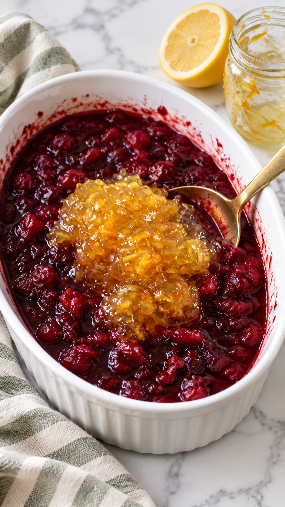 Orange marmalade added to hot baked cranberries before stirring