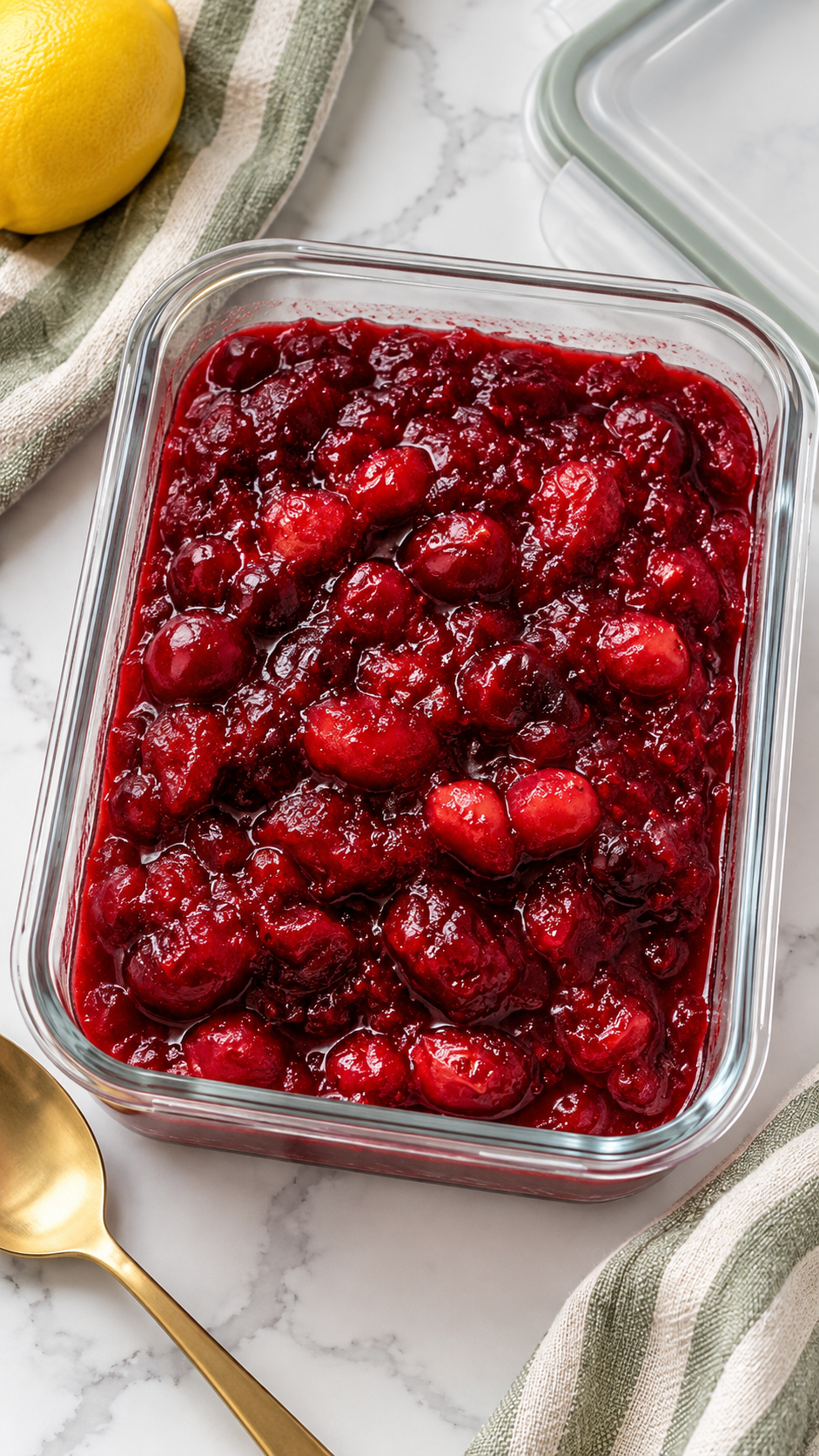 Combined cranberry sauce in a shallow glass storage container for chilling