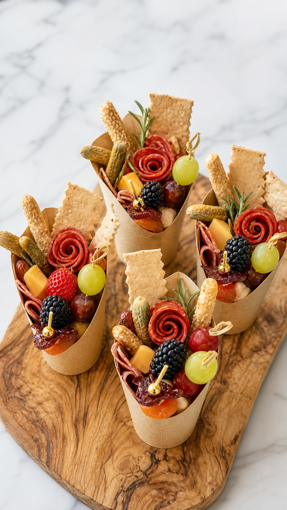 Close-up view of a charcuterie cup with pepperoni rose, cheese, fruit, pickles, crackers, and breadsticks.