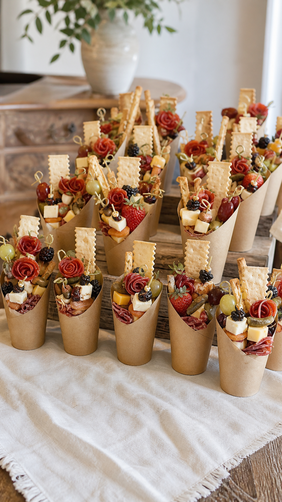 Finished individual charcuterie cups arranged on a wooden serving board for a party.