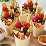 Individual charcuterie cups filled with meat, cheese, fruit, nuts, crackers, and colorful skewers.