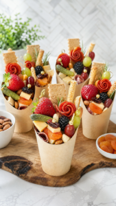 Individual charcuterie cups filled with meat, cheese, fruit, nuts, crackers, and colorful skewers.