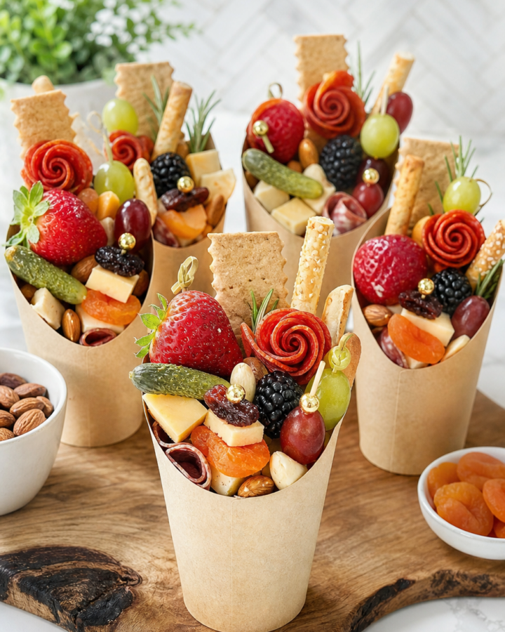 Individual charcuterie cups filled with meat, cheese, fruit, nuts, crackers, and colorful skewers.