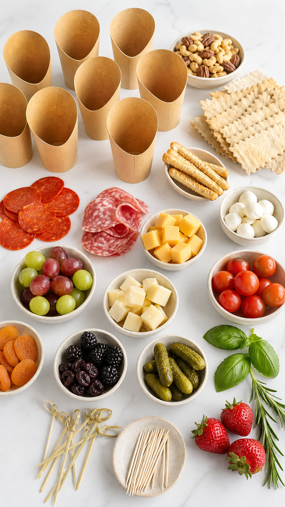 Ingredients for individual charcuterie cups arranged for assembly, including meats, cheeses, fruit, nuts, crackers, and breadsticks.