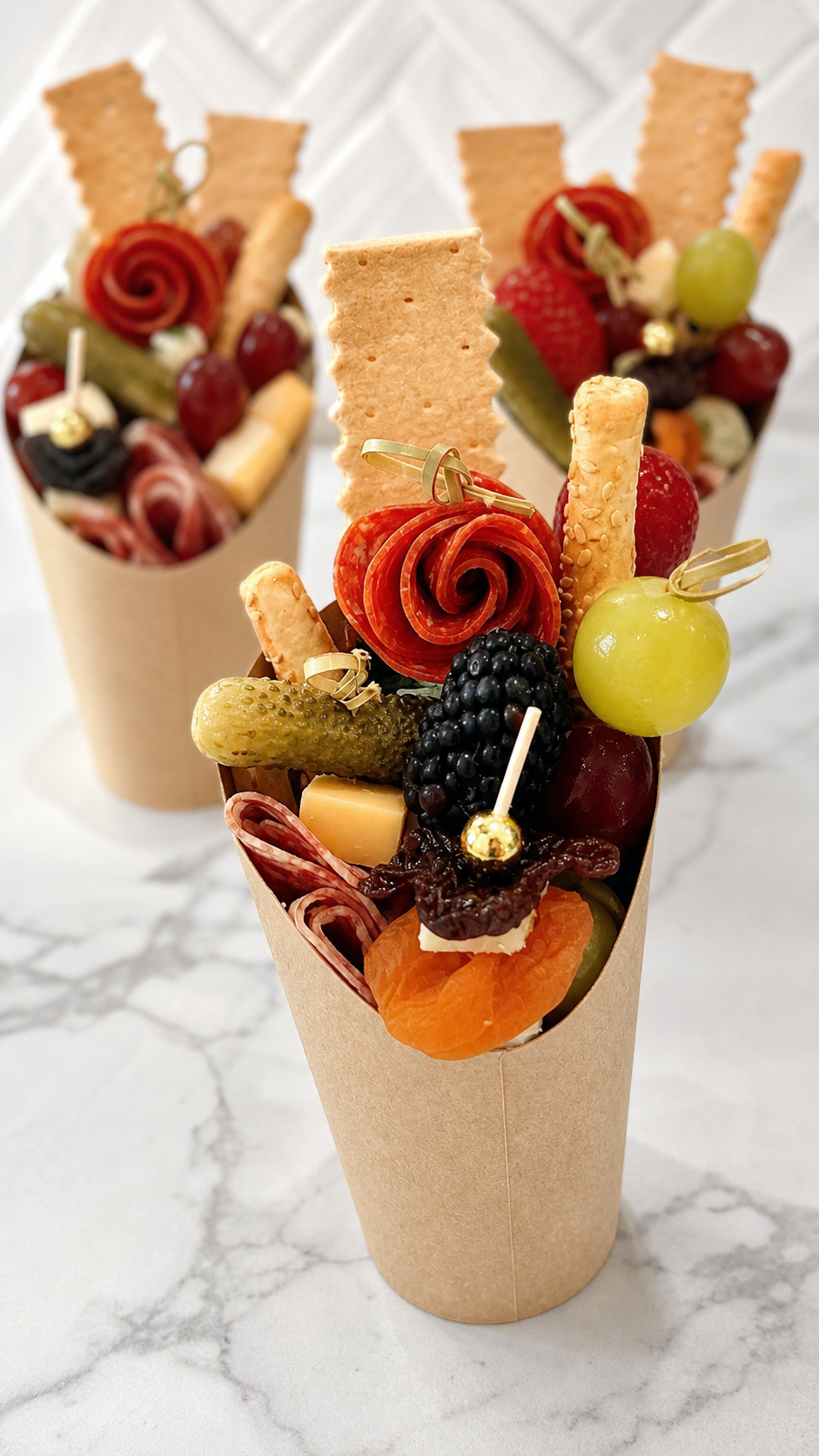 A serving arrangement of individual charcuterie cups ready for a party.