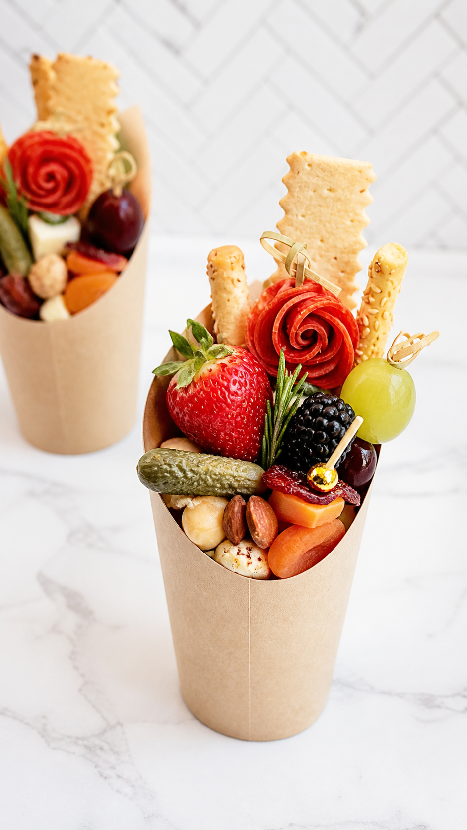 Fresh strawberries, blackberries, and rosemary added to individual charcuterie cups.