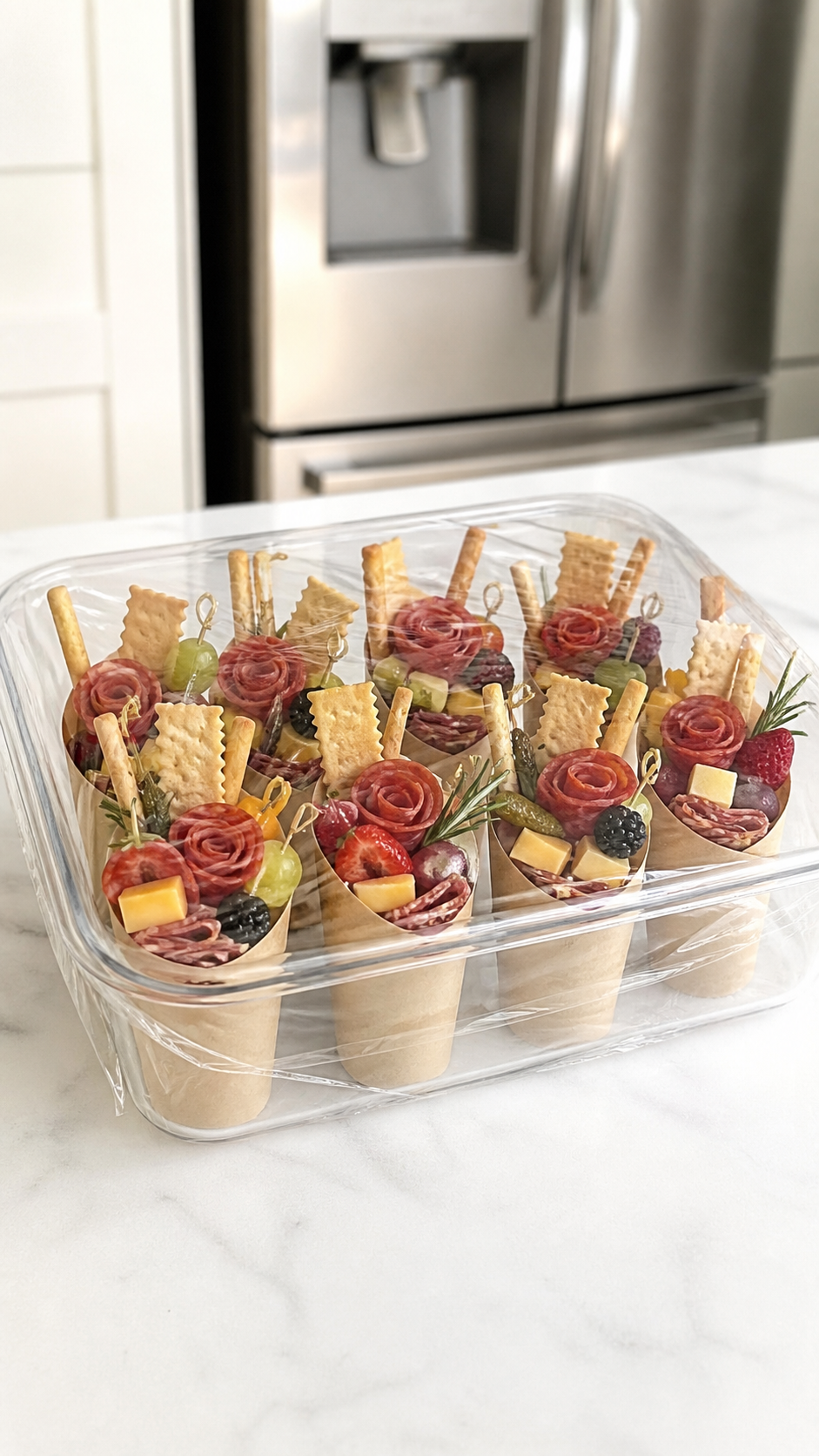 Finished charcuterie cups covered and refrigerated until serving.