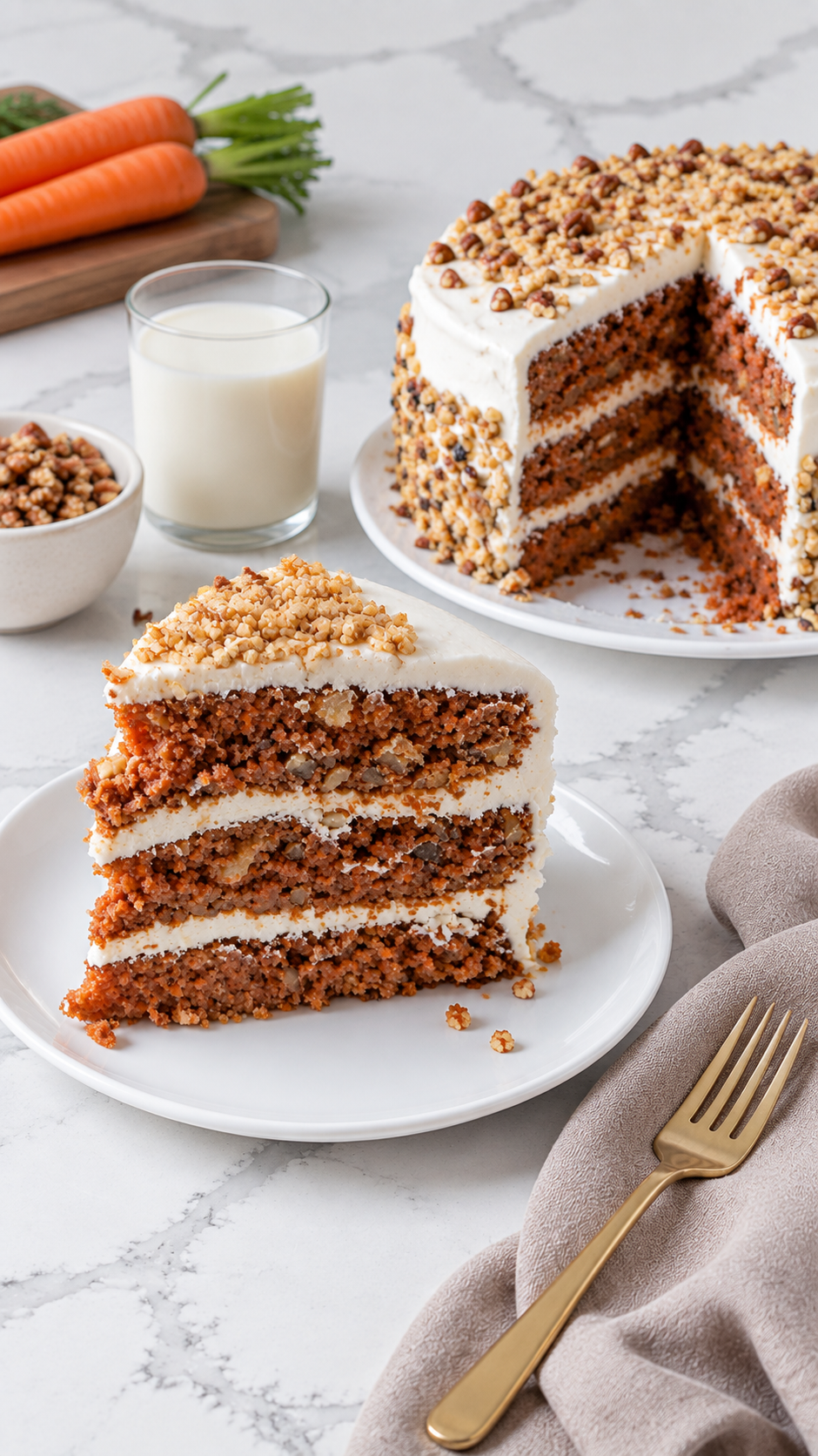A slice of carrot cake served with milk beside the remaining cake.