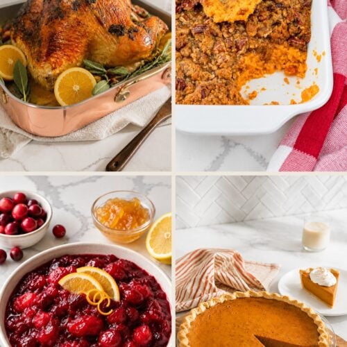 Friendsgiving recipe collage with herb butter roasted turkey, sweet potato casserole, cranberry sauce, and pumpkin pie