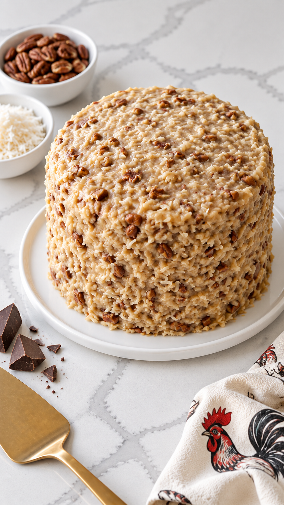 Whole German chocolate cake coated on the top and sides with coconut-pecan frosting.