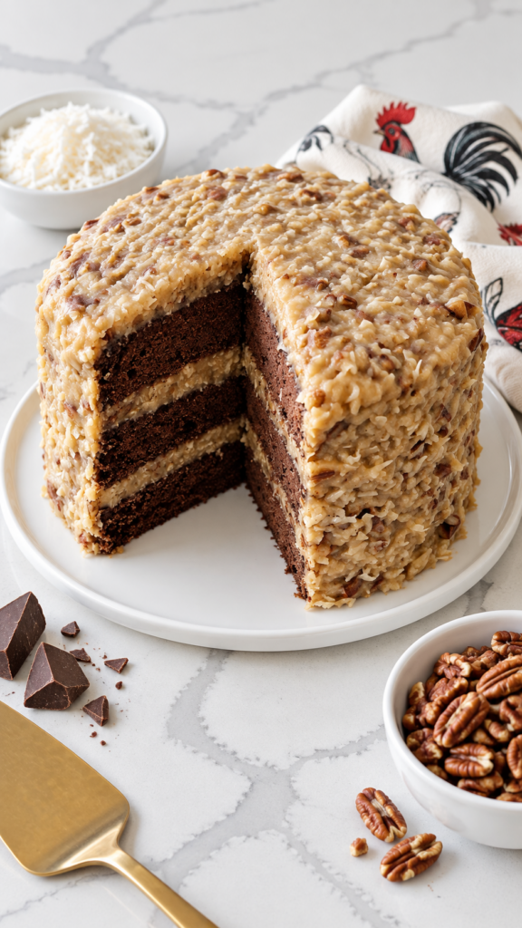 Three-layer German chocolate cake with coconut-pecan frosting covering the top and sides.