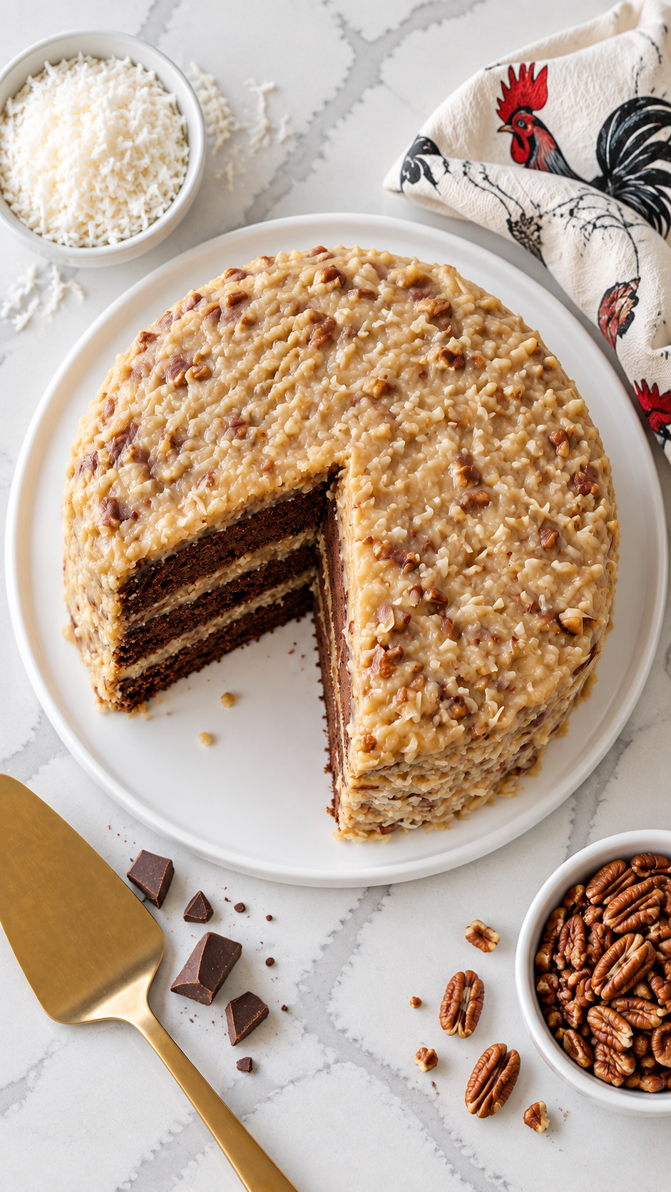 Overhead view of German chocolate cake with a wedge removed to show the chocolate layers.