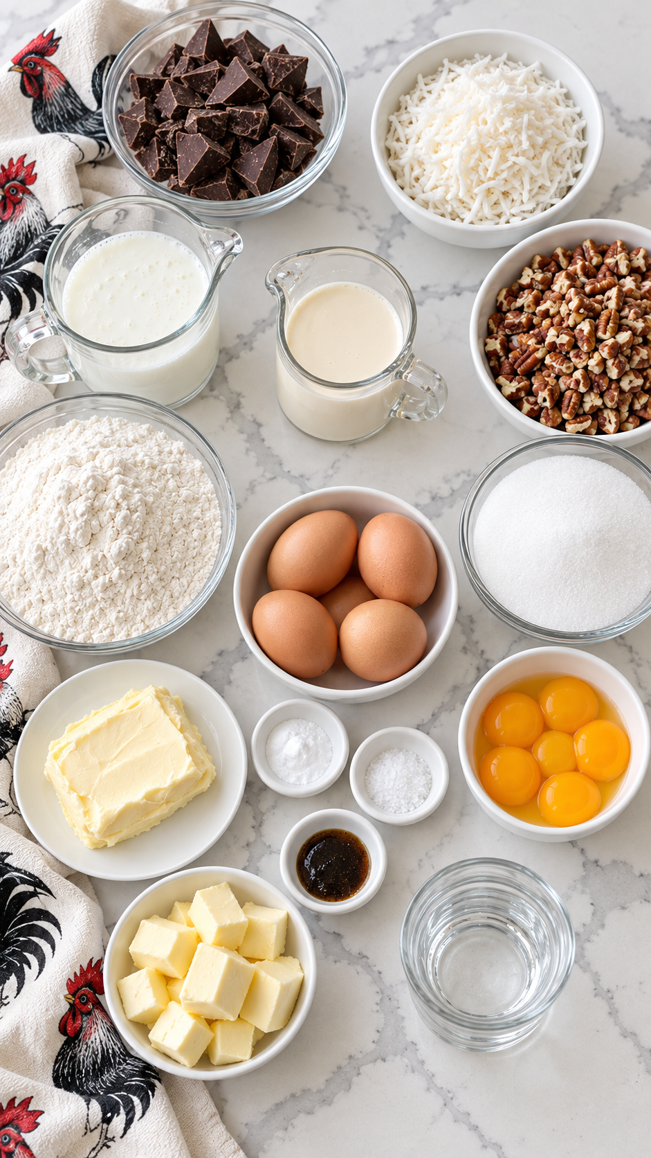 Sweet chocolate, buttermilk, eggs, coconut, pecans and other ingredients for German chocolate cake.
